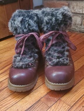LugZ Faux-Fur Ankle Hiker Boots in Burgundy